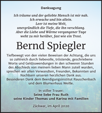 Traueranzeige von Bernd Spiegler von Mitteldeutsche Zeitung Naumburg/Nebra