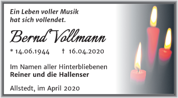 Traueranzeige von Bernd Vollmann von Super Sonntag Sangerhausen