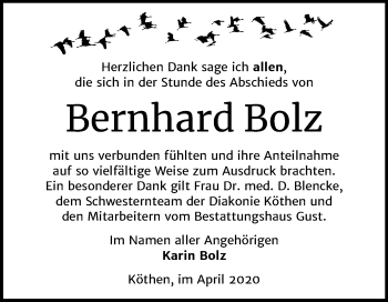 Traueranzeige von Bernhard Bolz von Mitteldeutsche Zeitung Köthen