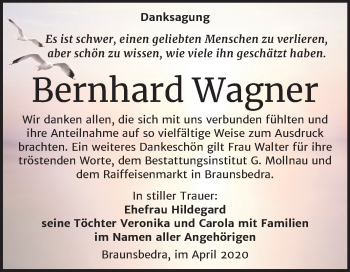 Traueranzeige von Bernhard Wagner von Super Sonntag Merseburg/Querfurt