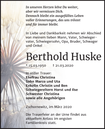 Traueranzeige von Berthold Huske von Mitteldeutsche Zeitung Bitterfeld