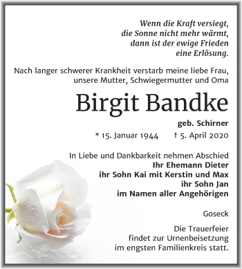 Traueranzeige von Birgit Bandke von Mitteldeutsche Zeitung Weißenfels