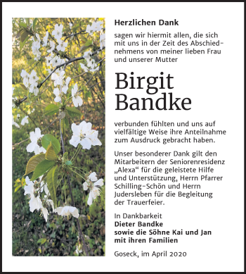 Traueranzeige von Birgit Bandke von Mitteldeutsche Zeitung Weißenfels