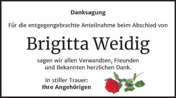 Traueranzeige von Brigitta Weidig von Super Sonntag Weißenfels