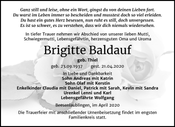 Traueranzeige von Brigitte Baldauf von Mitteldeutsche Zeitung Bernburg
