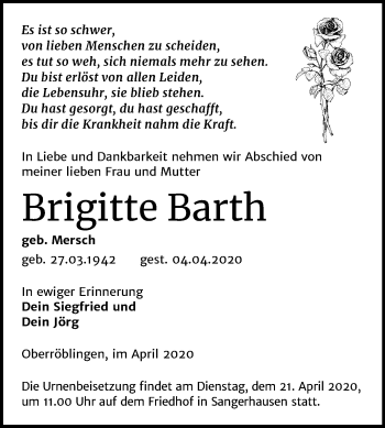 Traueranzeige von Brigitte Barth von Super Sonntag Sangerhausen