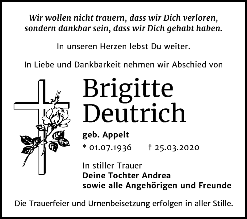  Traueranzeige für Brigitte Deutrich vom 04.04.2020 aus Mitteldeutsche Zeitung Bitterfeld