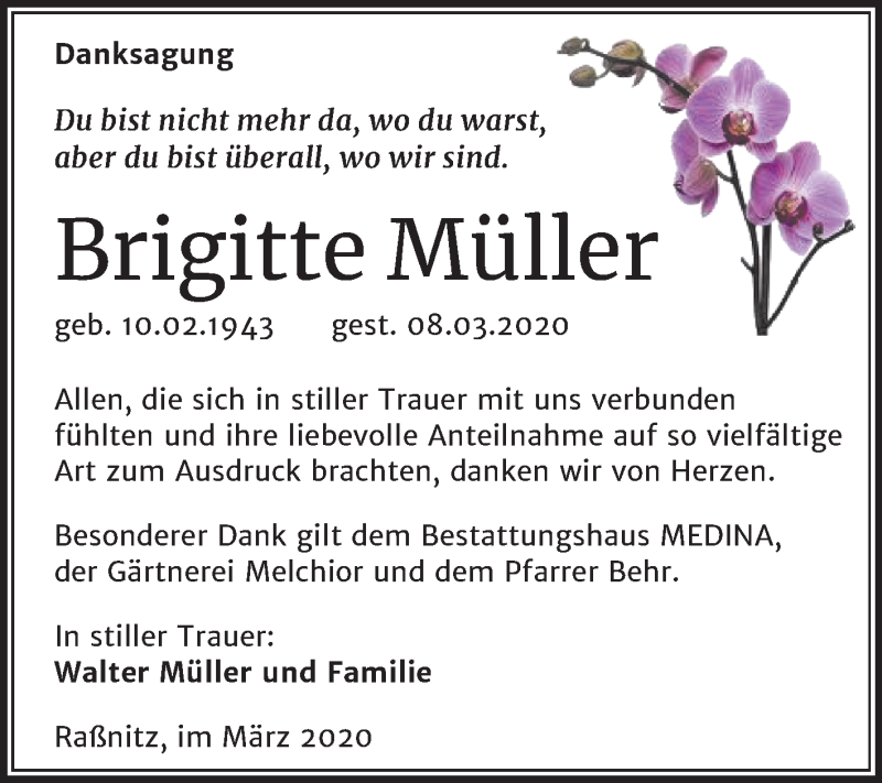  Traueranzeige für Brigitte Müller vom 04.04.2020 aus Mitteldeutsche Zeitung Merseburg/Querfurt