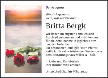 Traueranzeige von Britta Bergk von Super Sonntag Zeitz