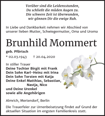 Traueranzeige von Brunhild Mommert von Mitteldeutsche Zeitung Naumburg/Nebra