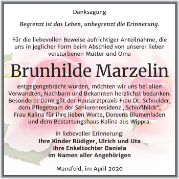 Traueranzeige von Brunhilde Marzelin von Mitteldeutsche Zeitung Mansfelder Land