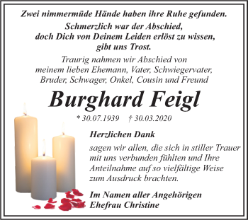 Traueranzeige von Burghard Feigl von Super Sonntag Dessau-Roßlau