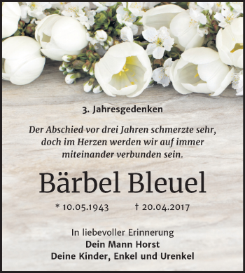 Traueranzeige von Bärbel Bleuel von Mitteldeutsche Zeitung Halle/Saalkreis
