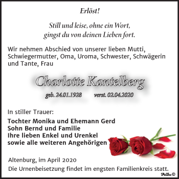 Traueranzeige von Charlotte Kantelberg von Super Sonntag Zeitz