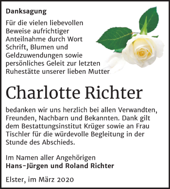 Traueranzeige von Charlotte Richter von Mitteldeutsche Zeitung Wittenberg
