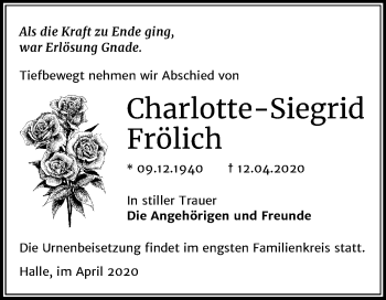 Traueranzeige von Charlotte-Siegrid Frölich von Mitteldeutsche Zeitung Halle/Saalkreis