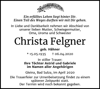 Traueranzeige von Christa Felgner von Super Sonntag Naumburg/Nebra