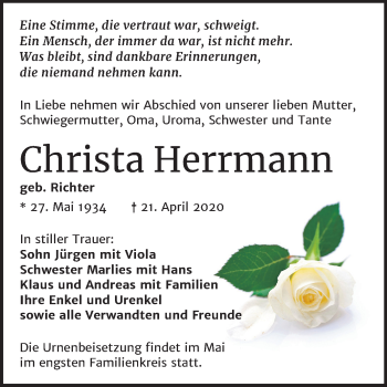 Traueranzeige von Christa Herrmann von Mitteldeutsche Zeitung Bitterfeld
