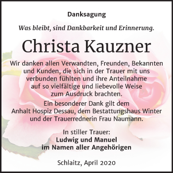 Traueranzeige von Christa Kauzner von Mitteldeutsche Zeitung Bitterfeld