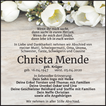 Traueranzeige von Christa Mende von Super Sonntag Weißenfels