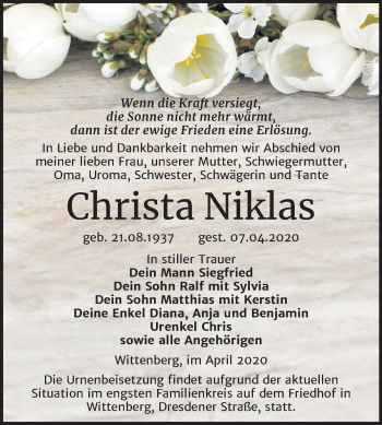 Traueranzeige von Christa Niklas von Super Sonntag Wittenberg