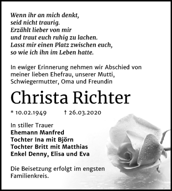 Traueranzeige von Christa Richter von Mitteldeutsche Zeitung Bernburg