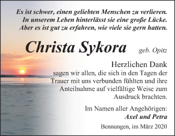 Traueranzeige von Christa Sykora von Super Sonntag Sangerhausen