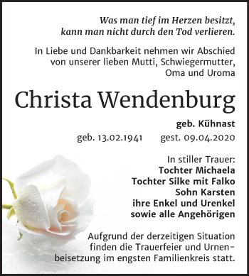Traueranzeige von Christa Wendenburg von Mitteldeutsche Zeitung Aschersleben