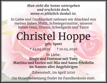 Traueranzeige von Christel Hoppe von Mitteldeutsche Zeitung Mansfelder Land
