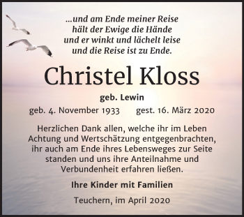 Traueranzeige von Christel Kloss von Mitteldeutsche Zeitung Weißenfels