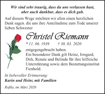 Traueranzeige von Christel Riemann von Mitteldeutsche Zeitung Sangerhausen