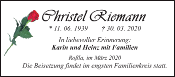 Traueranzeige von Christel Riemann von Super Sonntag Sangerhausen
