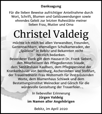 Traueranzeige von Christel Valdeig von Super Sonntag Bernburg