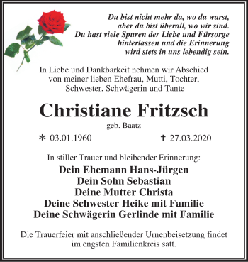 Traueranzeige von Christiane Fritzsch von Mitteldeutsche Zeitung Dessau-Roßlau