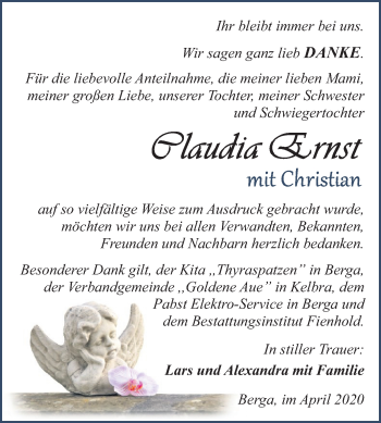 Traueranzeige von Claudia Ernst von Super Sonntag Sangerhausen