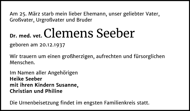 Traueranzeige für Clemens Seeber vom 04.04.2020 aus Mitteldeutsche Zeitung Bernburg