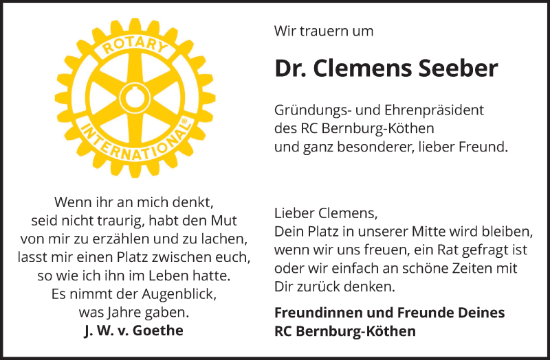 Traueranzeige für Clemens Seeber vom 04.04.2020 aus Super Sonntag Bernburg