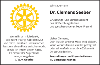 Traueranzeige von Clemens Seeber von Super Sonntag Bernburg