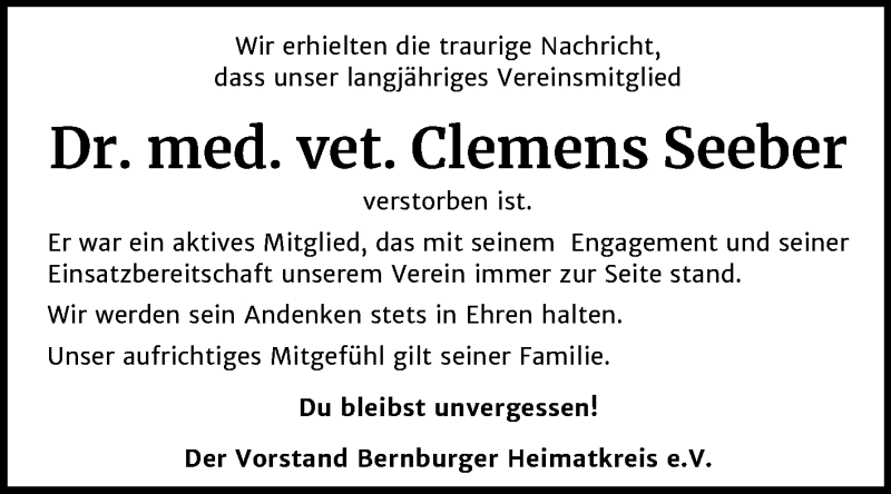  Traueranzeige für Clemens Seeber vom 04.04.2020 aus Super Sonntag Bernburg