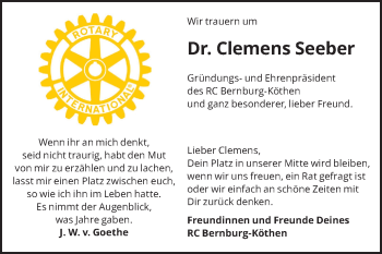 Traueranzeige von Clemens Seeber von Mitteldeutsche Zeitung Köthen