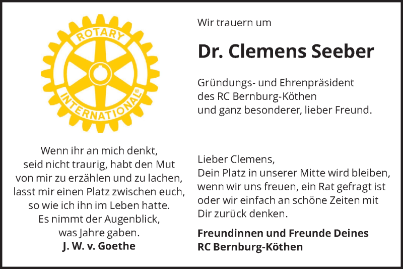  Traueranzeige für Clemens Seeber vom 04.04.2020 aus Mitteldeutsche Zeitung Köthen