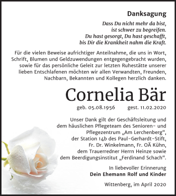 Traueranzeige von Cornelia Bär von Super Sonntag Wittenberg