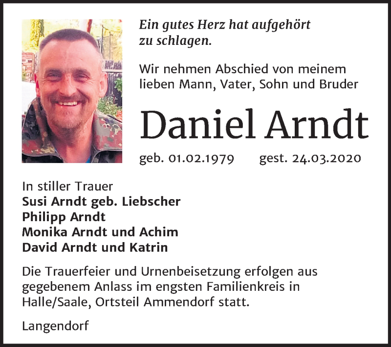  Traueranzeige für Daniel Arndt vom 18.04.2020 aus Super Sonntag Weißenfels