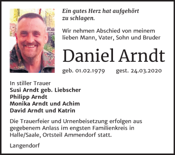 Traueranzeige von Daniel Arndt von Super Sonntag Weißenfels