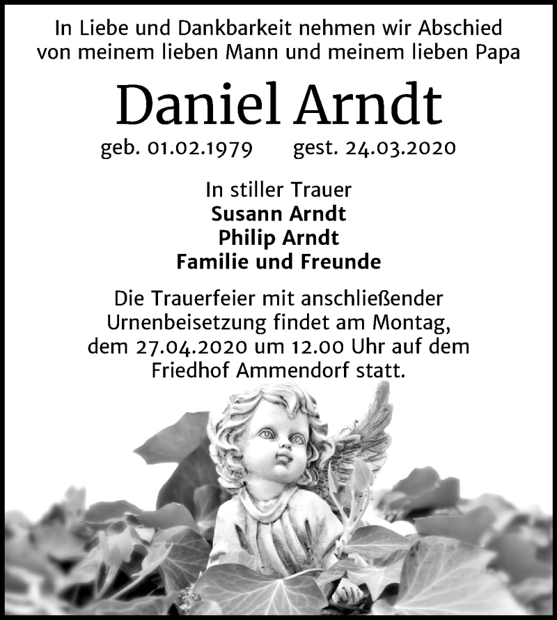  Traueranzeige für Daniel Arndt vom 18.04.2020 aus Mitteldeutsche Zeitung Halle/Saalkreis