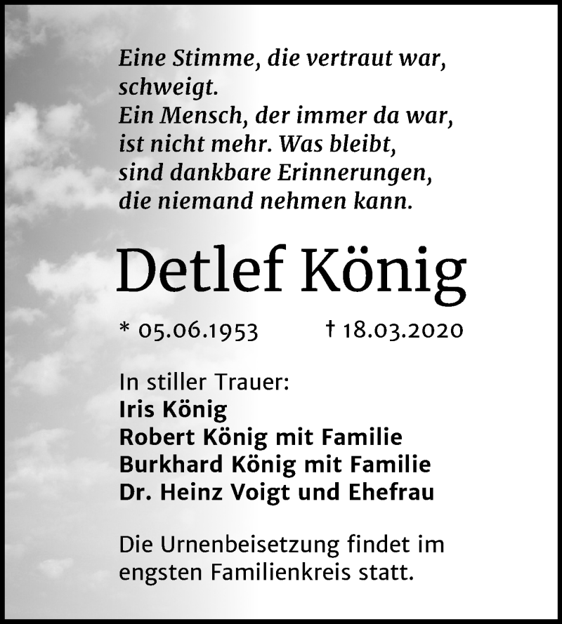  Traueranzeige für Detlef König vom 04.04.2020 aus Mitteldeutsche Zeitung Halle/Saalkreis
