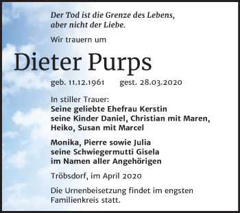 Traueranzeige von Dieter Purps von Super Sonntag Naumburg/Nebra