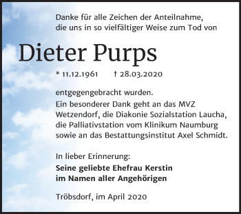 Traueranzeige von Dieter Purps von Super Sonntag Naumburg/Nebra