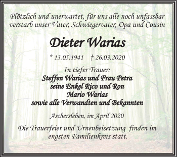 Traueranzeige von Dieter Warias von Super Sonntag Aschersleben