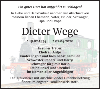 Traueranzeige von Dieter Wege von Mitteldeutsche Zeitung Merseburg/Querfurt